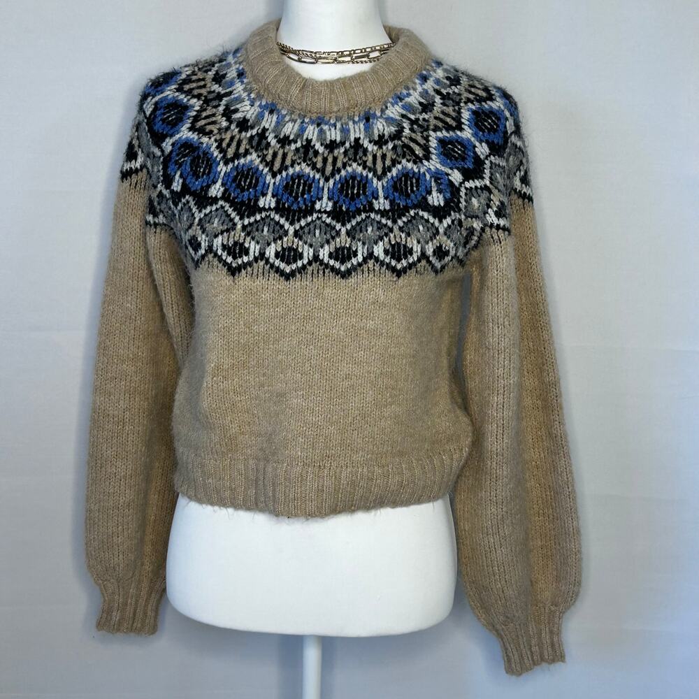 Stradivarius Fair Isle Sweater XS Beige Blue Nordic Knit Balloon Sleeve Cozy